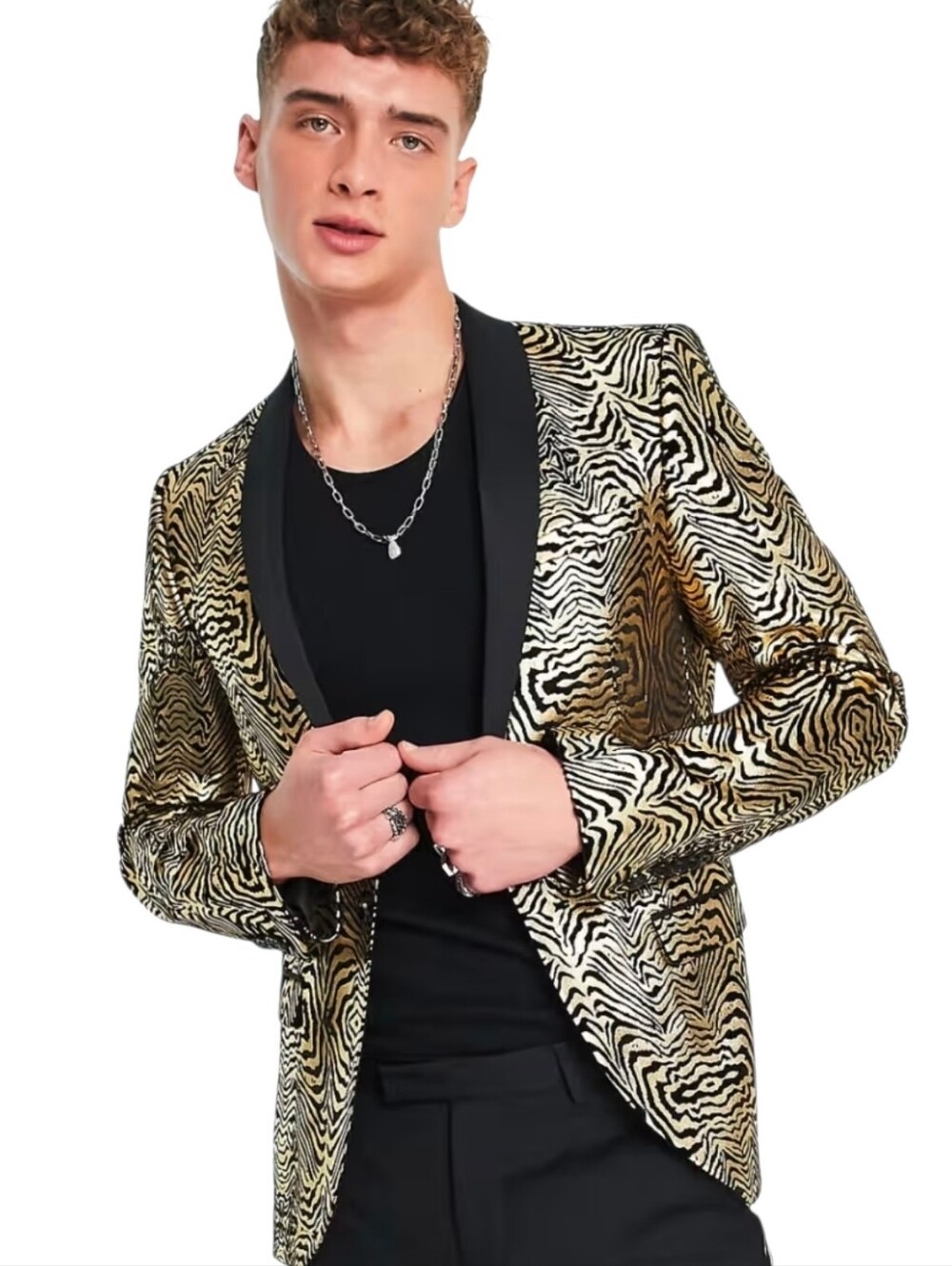 TWISTED TAILOR Kalman Gold Zebra Print Skinny Blazer - 46 R